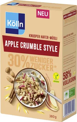 Zdjęcie produktu dla Kölln Musli owsiane w stylu jabłkowej kruszonki, o obniżonej zawartości cukru, opakowanie 380 g