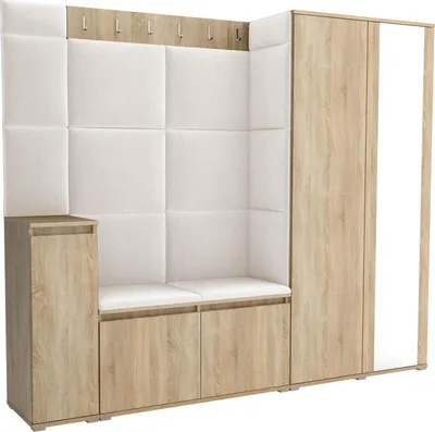 Produktbild von Garderoben-Set Noris VIII mit Spiegel, gepolsterte Garderobe 145 cm mit Schuhkommode, Wandpaneelen und Sitzbank (Farbe: Sonoma Eiche+ Trinity 01)