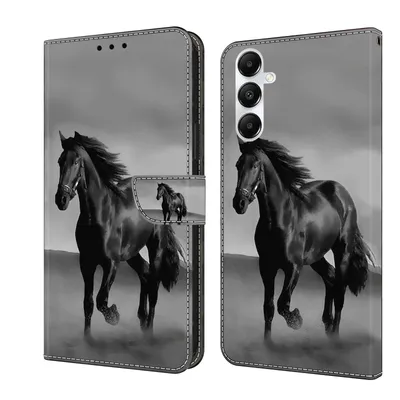 Produktbild von CLM-Tech Handyhülle kompatibel mit Samsung Galaxy A57 5G Hülle - Tasche aus Kunstleder - Klapphülle mit Ständer und Kartenfächern - Schutzhülle Wallet Case Cover Pferd in schwarz grau
