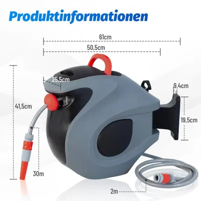 Zdjęcie produktu dla Bęben do węża ogrodowego - Automatyczny bęben do węża o długości 30 metrów - 9 funkcji rozpylania - Montaż na ścianie - Obrotowy o 180° - Odporny na promieniowanie UV i mróz - Kolor: ciemnoszary
