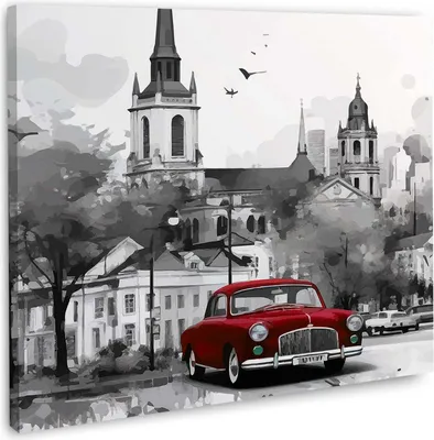 Produktbild von Leinwandbild Wandbild Kunstdruck XXL Wanddeko Rotes Auto Oldtimer: 100x100x2cm