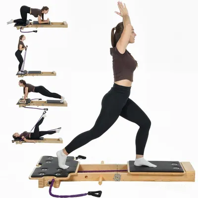 Produktbild von Multifunktionaler Pilates Reformer Holz mit Widerstandsbändern & Griffen – Klappbares Reformer Board für Home Gym & Ganzkörpertraining, Natur