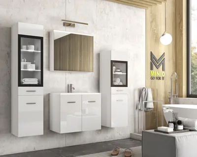 Obrázok produktu pre Minio, kúpeľňový nábytok "MARIT 2", s LED osvetlením, biely / biely vysoký lesk