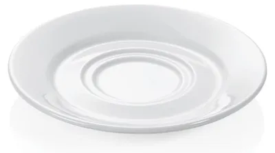 A white ceramic saucer on a white background.