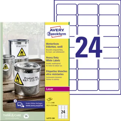 Produktbild von Avery Zweckform L4773-100 Wetterfeste Folien-Etiketten, 63,5 x 33,9 mm, 100 Bogen/2.400 Etiketten, weiß