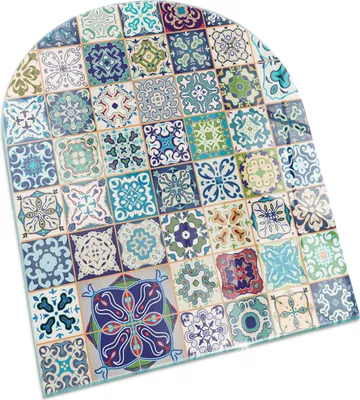 A glass floor plate with a mosaic tile pattern, designed for use in front of a fireplace.