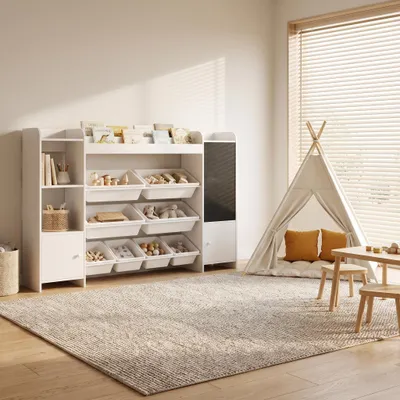 Obrázek produktu pro INONEFT Regál na dětské knihy a hračky, rozměry 137x94x30 cm, s 8 úložnými boxy, 2 otevřenými policemi a 3 dvířky, vhodný pro děti od 3 let, do dětského pokoje, bílý