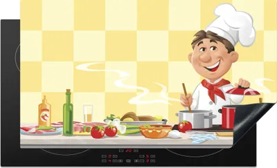 Produktbild von KitchenYeah© Herdabdeckplatte Eine Illustration eines Kochs in der Küche , 91x52cm, Küche Deko, Glaskeramikkochfeld Herdabdeckung, Abdeckplatte fùr Kochfeld