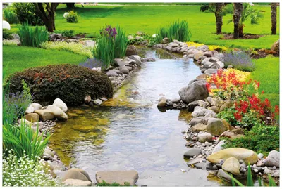 Produktbild von Wallario Wandbild aus Acryl, 90 x 60 cm, freischwebende Optik - Blumen am Teich
