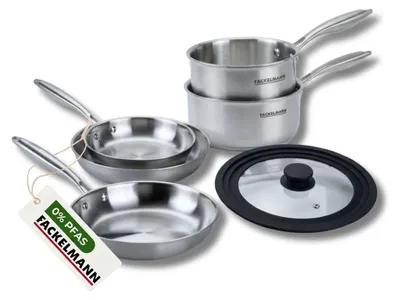 Image de Batterie de cuisine avec 3 poêles 20/24/26 cm et 2 casseroles 14/18 cm et 1 couvercle de cuisson universel sans PFAS Fackelmann Vita3, Image générée par une IA