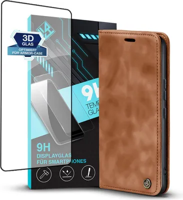 Produktbild von Handy Hülle für Xiaomi Redmi Note 13 Pro+ 5G mit 9H Displayglas Klapphülle Bookcase Flip Cover Handy Tasche Etui Farbe: Hellbraun