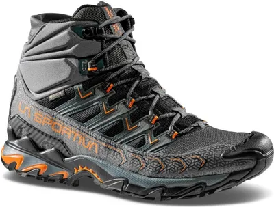Der "Ultra Raptor II Mid GTX" von La Sportiva ist ein grauer Wanderschuh für Herren mit orangefarbenen Akzenten und einer robusten Sohle.