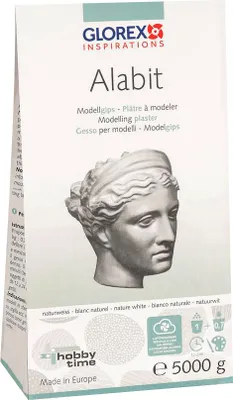 Produktbild von Glorex Modelliergips Alabit, naturweiß, 5 kg, Mischungsverhältnis 1:0.7, härtet in ca. 30 Min., Trocknungszeit 12-24 Std., saugende Struktur, Malgrundierung empfohlen, für Modelle, Reliefs & kreative Arbeiten
