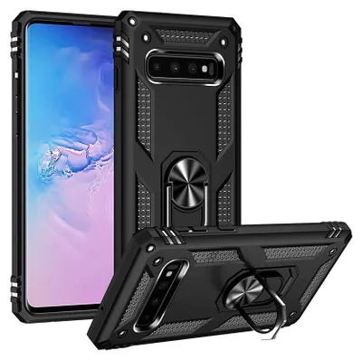 A black phone case with a ring holder is shown from two angles against a white background.