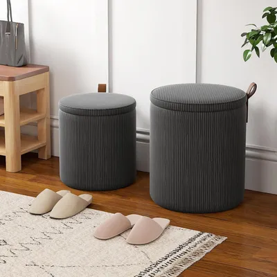 Produktbild von 2er-Set runde Sitzhocker mit Stauraum 25L / 40L, Hocker mit Deckel, Cord-Schminkhocker, verschachtelbare Fußhocker und Polsterhocker für Wohnzimmer, Schlafzimmer & Flur in Dunkelgrau