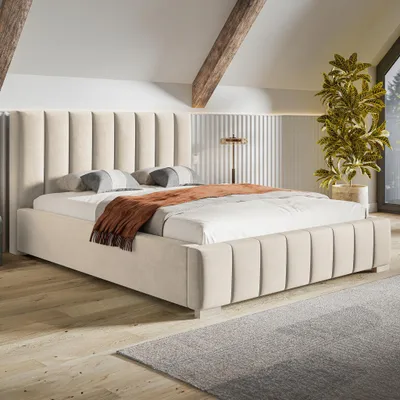 Produktbild von MOTIVENA Vigo Polsterbett 200x200 mit Bettkasten, Metall Lattenrost, Bett 200x200 Beige Samt (Jasmine 21)