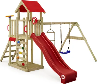 Produktbild von WICKEY Spielturm Klettergerüst MultiFlyer Light mit Schaukel & Rutsche, Kletterturm mit Sandkasten, Leiter & Spiel-Zubehör – rot