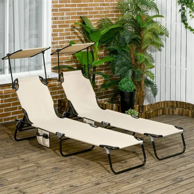 Produktbild von 2er Set Sonnenliege mit Sonnendach 5-Fach höhenverstellbarer Rückenlehne Gartenliege Campingliege Beige