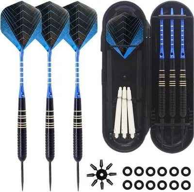 Immagine prodotto di Set di freccette in alluminio con freccette in acciaio blu da 22 g e steli in alluminio, con custodia da trasporto inclusa - Per l'allenamento e il tempo libero