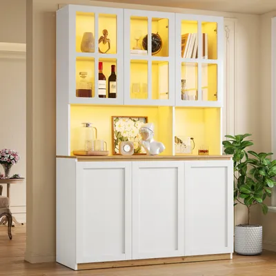 Productafbeelding van Merax glazen vitrine, 120 x 200 cm, met LED-verlichting, vitrinekast met glazen deuren, 3 deuren, buffetkast, barmeubel, servieskast, wit met houtlook