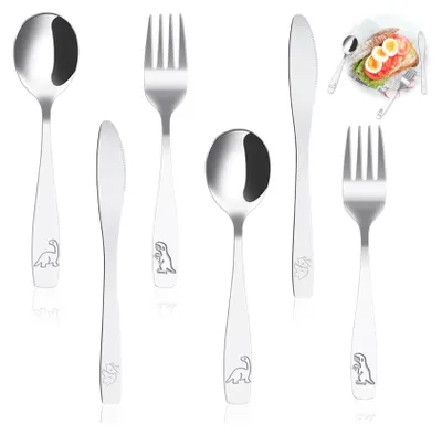 Produktbild von Besteckset für Kinder und Kleinkinder, 6-teiliges, kindersicheres Besteckset, Edelstahlgeschirr für Kleinkinder, Kinderbesteckset beinhaltet 2 Gabeln, 2 Besteckmesser, 2 Löffel, spülmaschinenfest