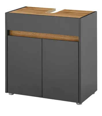 A bathroom vanity cabinet with two doors and a wooden top.