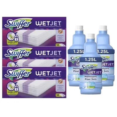 Imagen del producto de Paquete que incluye: 3 paquetes de 10 toallitas húmedas Swiffer Wetjet y 3 botellas de 1,25 litros de líquido limpiador Swiffer Wetjet