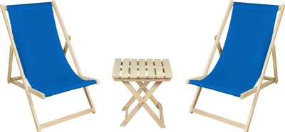 Two blue deck chairs and a small wooden table are arranged on a white background.