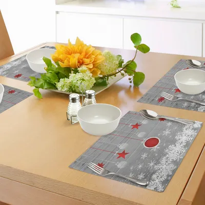 Produktbild von ABAKUHAUS Weihnachten, Platzmatten, Waschbarer Stoff für die Küche und das Esszimmer Tischdeco, Merry Christmas Blumen und Schnee Flocken Motive REH Hirsch Collagen Druck, Grau Rot