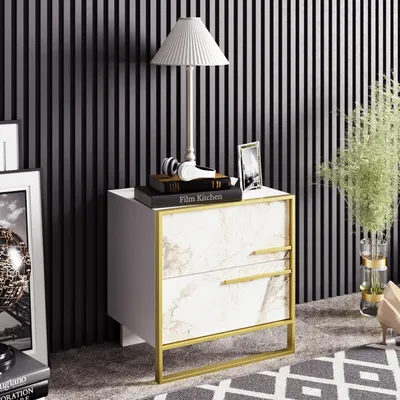Produktbild von skye-decor Nachttisch Polka, Gold und Weiß, Marmormuster, 50 x 51,8 x 38,5 cm, Barock Glam Stil, mit vielen Ablagen, Melamin Spanplatte und Metall