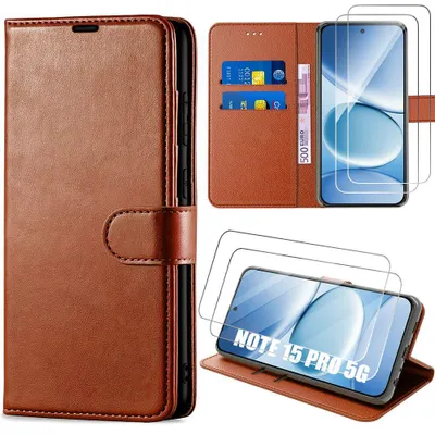 Image de Coque + 2 Verres Trempés pour Xiaomi Redmi Note 15 Pro 5G, Anti-Rayures Antichoc Synthécuir Marron