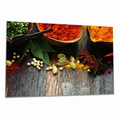 Produktbild von Wallario Herdabdeckplatte aus Glas, Größe 80 x 52 cm 1-teilig, Motiv Gewürze auf Holz - uriger Holztisch in der Küche