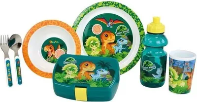 Obrázok produktu pre Detská súprava riadu Jurassic World, 6-dielna, s tanierom, miskou, pohárom, príborom, fľašou na pitie a krabičkou na desiatu
