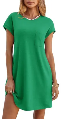 Produktbild von Imily Bela Damen Sommer-T-Shirt-Kleid – Lässiges Minikleid mit kurzen Ärmeln, Rundhalsausschnitt, lockerem, fließendem Schnitt und Taschen