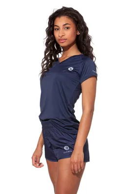 Produktbild von Damen Sportshirt kurzarm – Atmungsaktives Trainingsshirt mit V-Ausschnitt von Stark Soul®, Marine - L