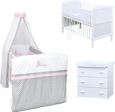 Produktbild von Baby-Delux Babyzimmer Babybett Wickelkommode Weiss Bettwäsche Komplett Set Princess Grey Stars
