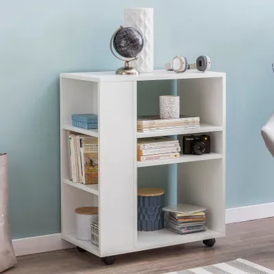 Image de FineBuy Étagère blanche 60 x 35 x 75 cm Chariot à étagères avec roulettes en bois Petite étagère de cuisine Tablette pour téléphone Chariot à roulettes Étagère à livres étroite Meuble de rangement haut