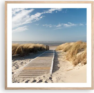 Produktbild von Gerahmtes Poster - Rahmen in heller Eiche - Strand Meer Fußgängerbrücke Ufer - 60x60 cm - Wand Bild - Wanddeko - Wandbilder - Wandposter - Bilderrahmen - Bilder - Kunstdruck - P2NAC60x60-2657
