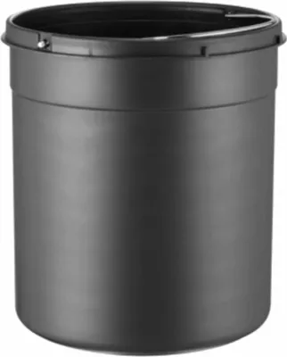 A black plastic bucket on a white background.