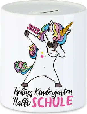 Produktbild von Tschüss Kindergarten Hallo Schule 2022 Spardose Einschulungsgeschenk Einhorn Unicorn Fans