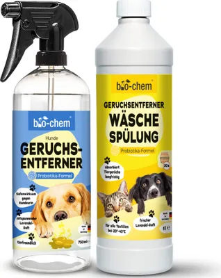 Produktbild von bio-chem Geruchsentferner Set | Hunde-Geruchsentferner 750 ml + Wäschespülung 1L | Mikrobiologisch & effektiv | Gegen Tiergeruch auf Textilien & Oberflächen