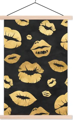 Produktbild von MuchoWow® Textilposter Muster - Kuss - Gold - Schwarz 40x60 cm mit holzfarbenen Rahmen - Poster