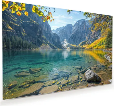 Produktbild von Glasbild 120x80cm in XXL für Wohnzimmer, Schlafzimmer Motiv Bergsee im Herbst