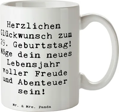 Produktbild von Mr. & Mrs. Panda Teetasse Spruch 29. Geburtstag Glückwunsch - Weiß - Geschenk, Trinkbecher, handgemachte Geschenke, magischer Wendepunkt, Lachen, Happy Birthday, Alter