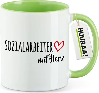 Produktbild von Huuraa Kaffeetasse Sozialarbeiter mit Herz 330ml Grün Keramik Kaffeebecher Geschenkidee