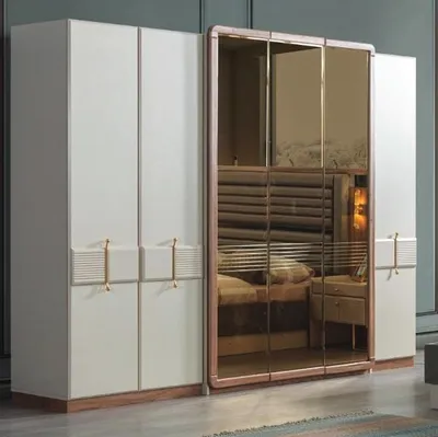 Productafbeelding van Witte garderobekast, design houten kast, slaapkamer, glazen kast