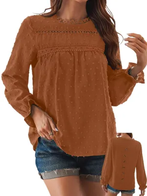 Produktbild von TUUHAW Langarmshirt Damen Boho Bluse Rundhals Elegant Top Orange XL