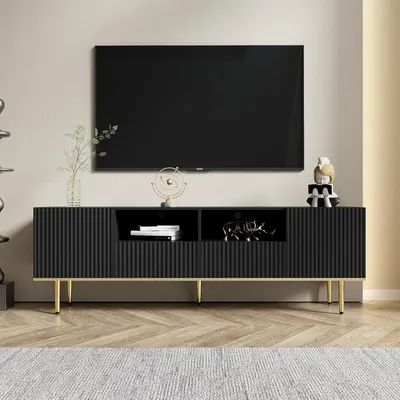 Obrázok produktu pre Fortuna Lai TV skrinka s 2 skrinkami, 2 otvorenými odkladacími priestormi a 2 zásuvkami, moderný TV príborník, TV skrinka pre 60-69-palcové televízory, 165 x 36 x 55 cm, čierna
