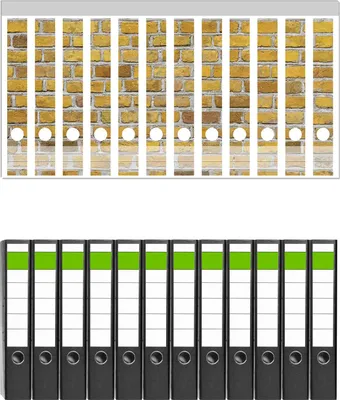 Produktbild von Wallario 12 Stück schmale Ordner inkl. Klebeetiketten mit Motive Ziegelsteinwand in gelb - Backsteine -  Set mit Rückenschildern / Ordnerrücken Stickern