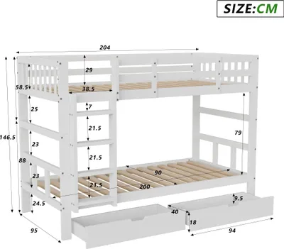 Zdjęcie produktu dla Łóżko dziecięce – łóżko piętrowe – 90 x 200 cm – schody – zabezpieczenie przed wypadnięciem – szuflady – lite drewno